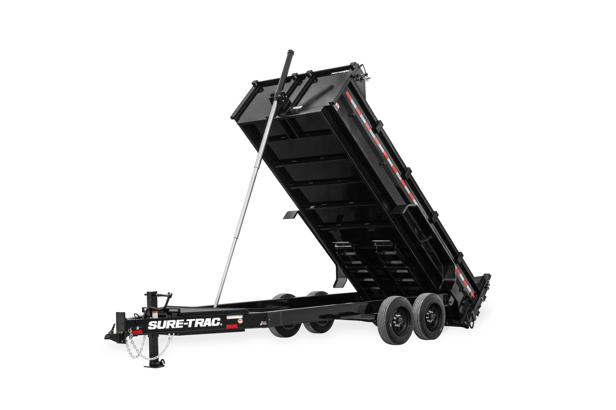 Pro Series Telescopic Dump | Front view, tilted, with reflective tape, up position