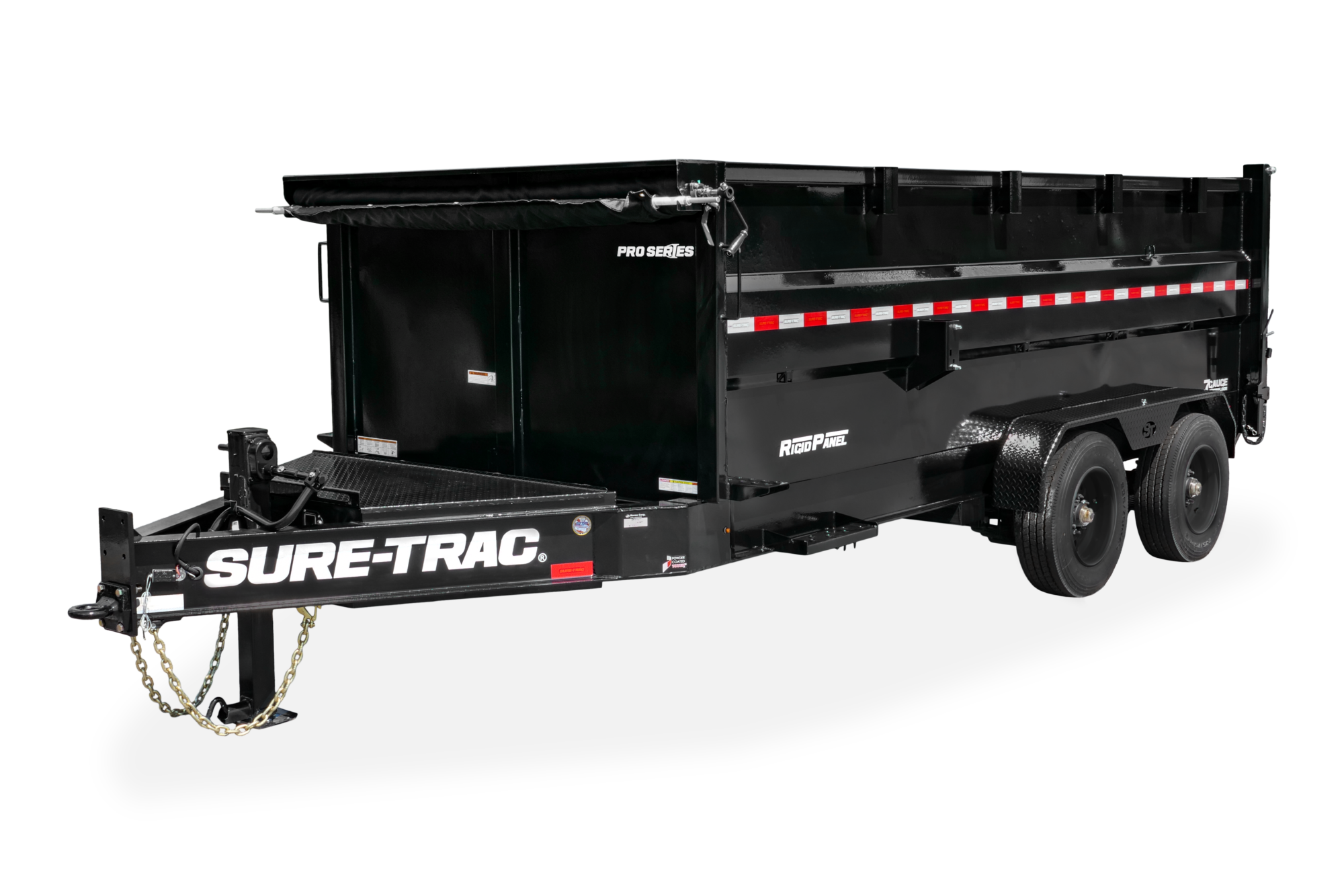 Pro Series Super Duty Dump | Front view, tilted, black Dump, down