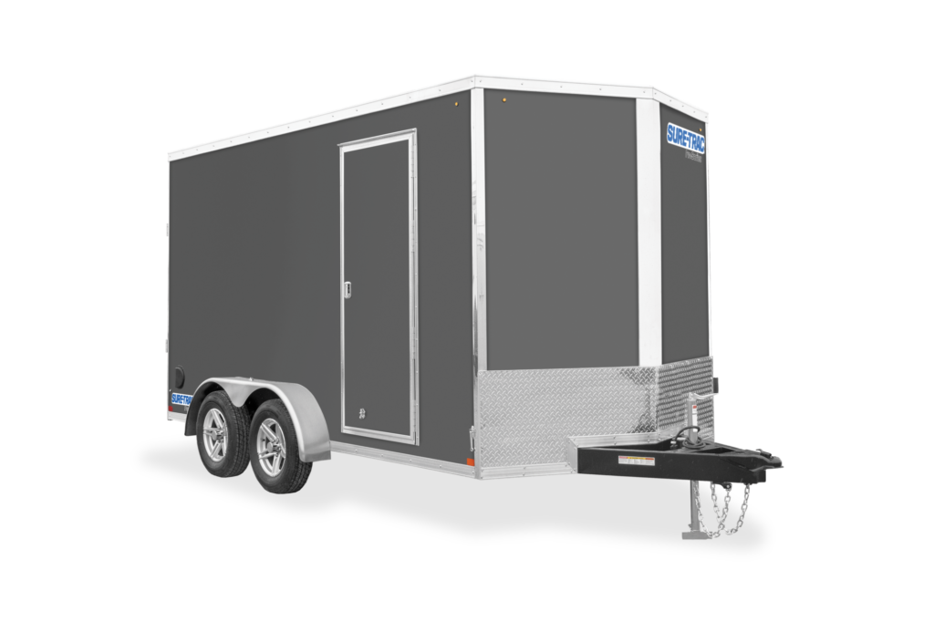 5' & 6' Wide Pro Series Wedge Front Enclosed Trailer | Front view, tilted, charcoal Tandem Axle